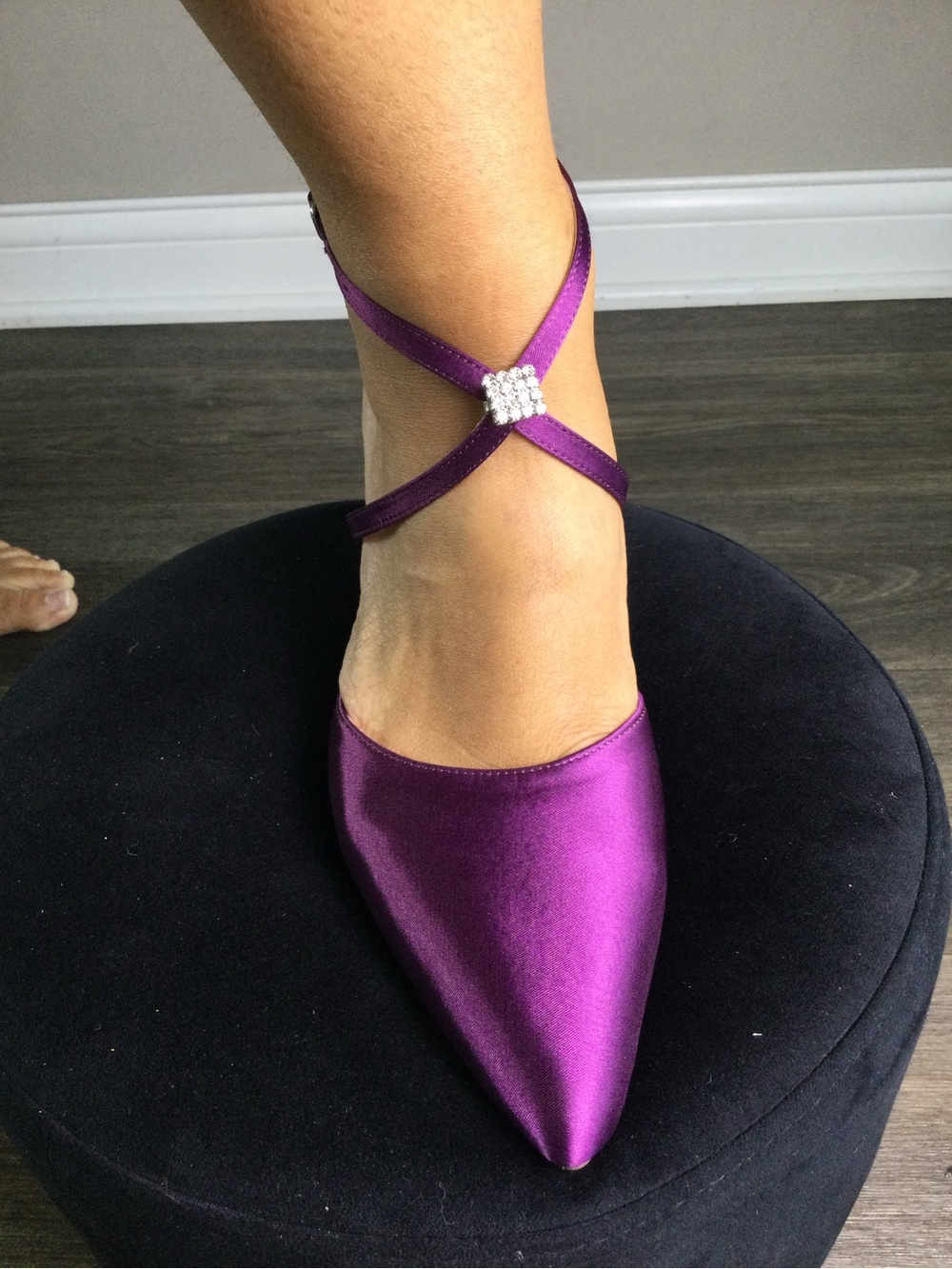 Purple Satin Pointed Toe Ankle-Strap Pump with Rhinestone Accent